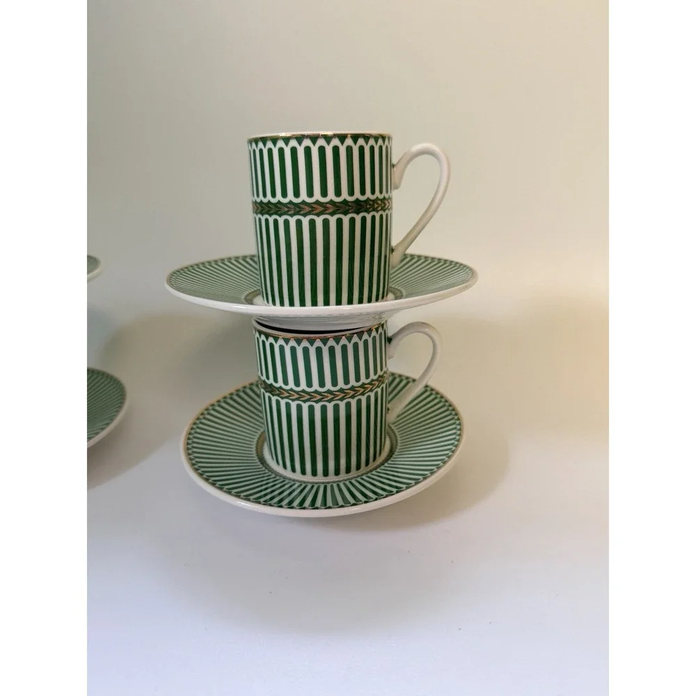 Grace Teaware Espresso Coffee Set 4 Cups & Saucers Green White Stripe New in Box